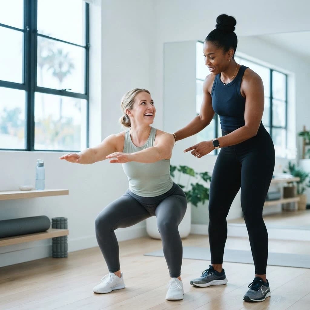 A personal trainer coaching a client through a squat in a bright studio