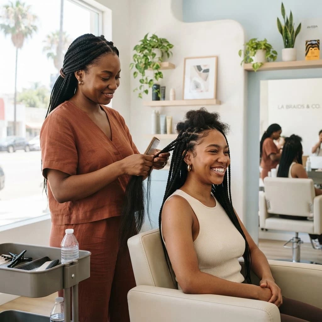 A hair stylist braiding a smiling client's hair in a bright salon